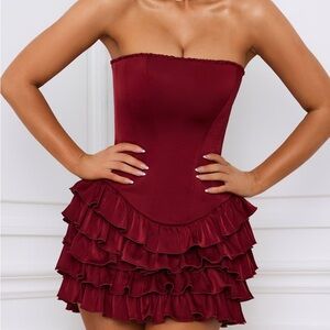 Oh Polly Strapless Ruffled Wine Dress